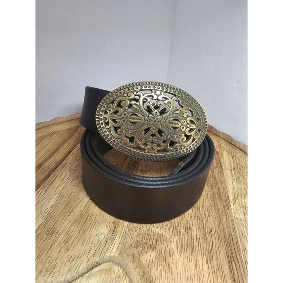 Eddie Bauer Women's XXL Brown Belt W/Filigree Aged Gold Buckle - Picture 1 of 5